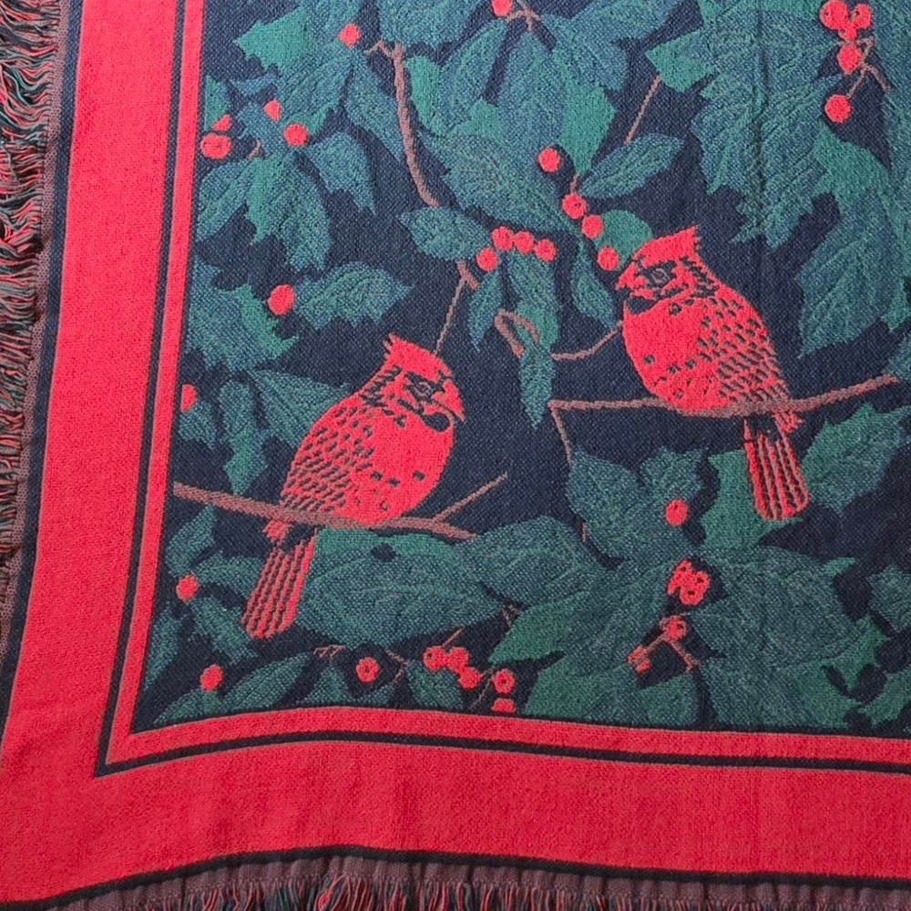 Vintage Cardinal Holly Tapestry‎ Throw Sofa Blanket Christmas Yule Holiday USA